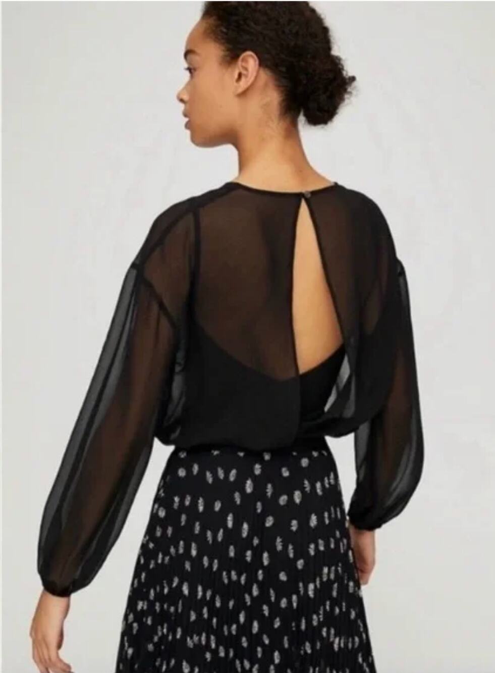 Wilfred Talmont Black Bodysuit Sheer Long Sleeve Chiffon Thong-Cut Size Medium M